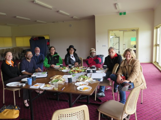 Left to Right: Danielle Hunt (Careers Network Inc), Rob Waters (Aboriginal Employment Officer, UNE), Peter Hall (Project Manager), Katherine Worthing (Lecturer, Oorala Aboriginal Student Centre, UNE), Debra Bennell (Director, Oorala Aboriginal Student Centre, UNE), Colin Ahoy (Chair, Local Aboriginal Land Council), Steve Widders (Project Manager), Kate Wright (School of Arts, UNE). Behind the camera: Veronica Walford. Missing from the frame: Bruce Dennison (Clontarf Academy) and Kerrie Nixon (Jobs Australia). 